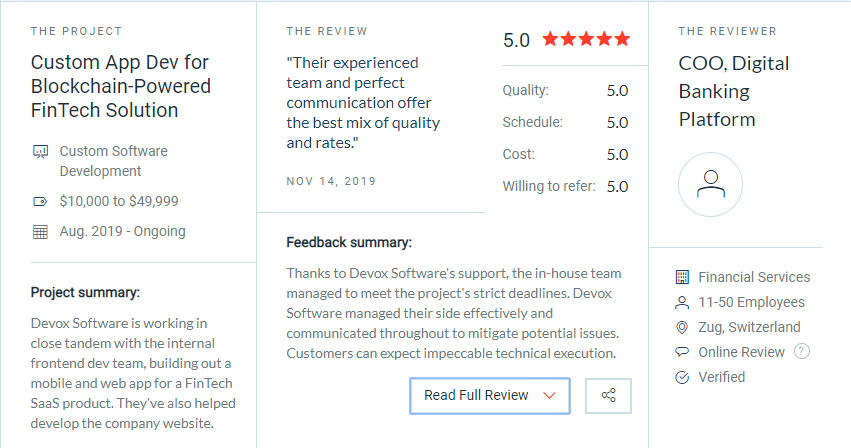 Digital banking platform feedback on Devox Software work