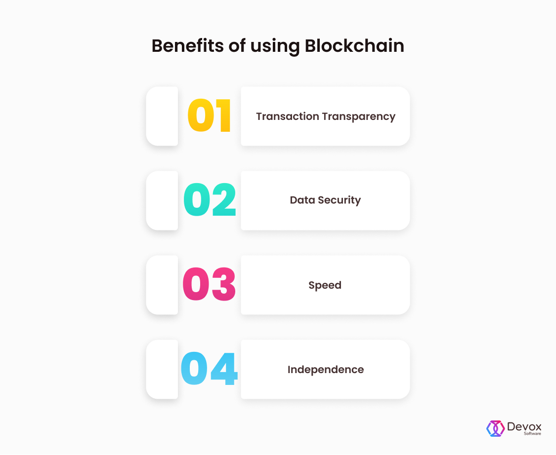 Benefits of using Blockchain: Transaction transparency, data security, speed, indepence